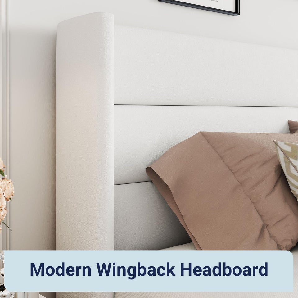 Allewie King Size Lift Up Storage Bed, Modern Wingback Headboard, Hydraulic Support, No Box Spring Needed, Light Beige