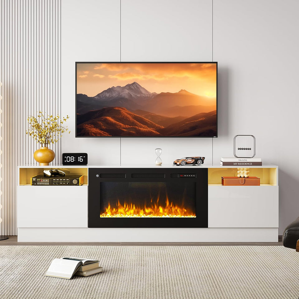 OneBlis 80" Fireplace TV Stand, LED Light Entertainment Center for TVs Up to 90", High-Gloss Door, Modern TV Console for Living Room with Storage Cabinet, Black+Black