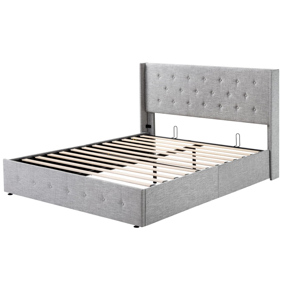 Allewie King Size Lift Up Storage Bed, Modern Wingback Headboard, Hydraulic Support, No Box Spring Needed, Light Beige