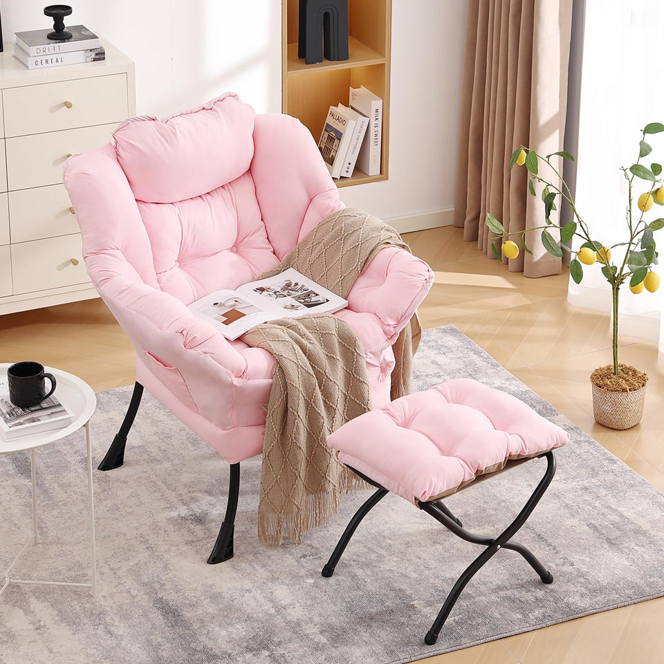 LITA Lazy Chair with Ottoman, Modern Accent Leisure Upholstered Lazy Sofa Armchair, Contemporary Lounge Reading Chair with Armrests and a Side Pocket for Living Room, Bedroom & Small Space, Dark Grey