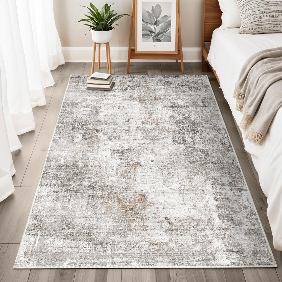 12x15 Area Rug for Living Room – Large Modern Neutral Abstract Thin Washable Carpet, Soft Low Pile Non-Slip Stain-Resistant for Bedroom Dining Room Home Office (Beige Grey)