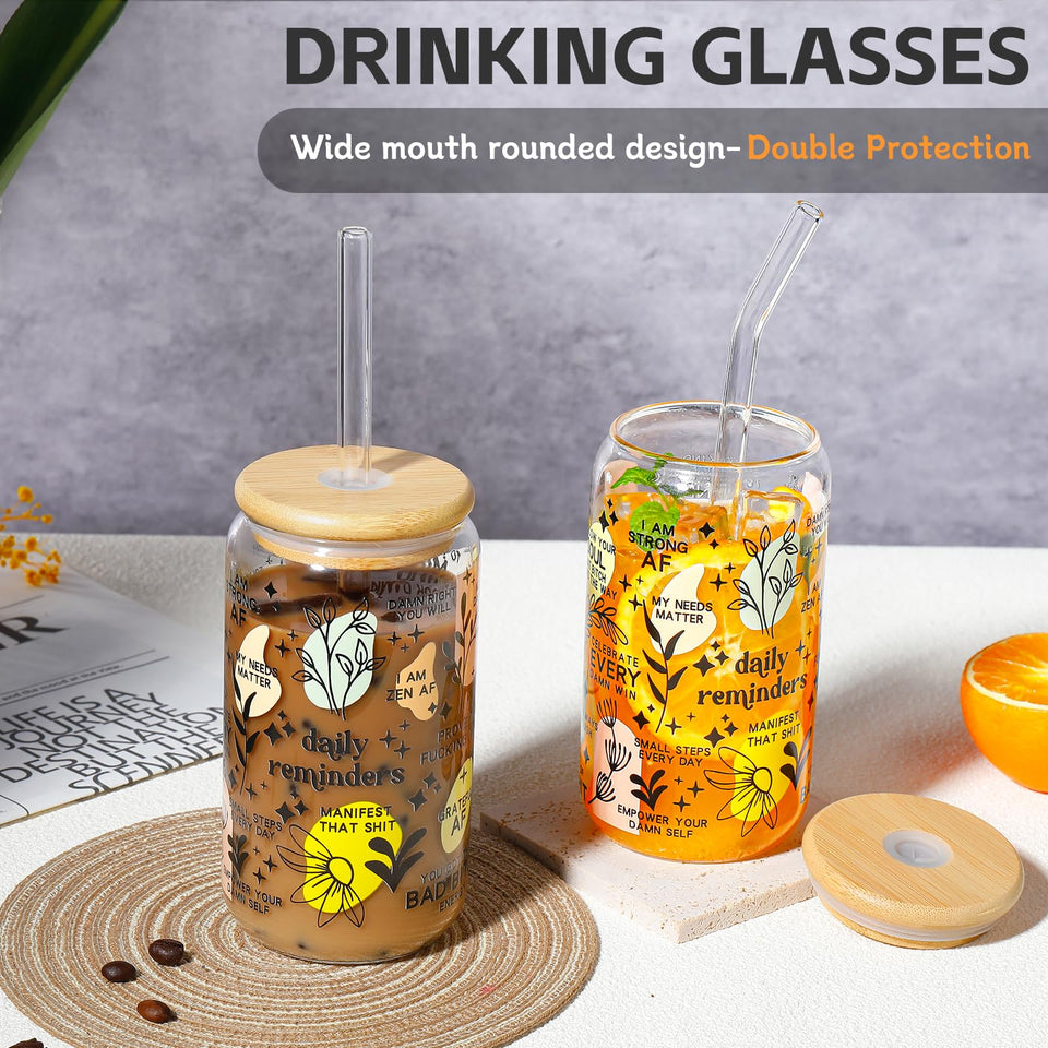 DWTS DANWEITESI Glass Cups with Lids and Straws 4 pcs,16oz Drinking Glasses Set for Coffee Bar Accessories,Iced Coffee Cups with Lids,Matcha Cup Glass Tumbler Reusable for Gifts