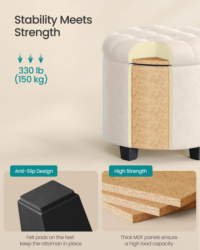 SONGMICS Round Ottoman, Ottoman with Storage, 17.7 Dia. x 17.5 H Inches Foot Rest with Legs, Load up to 330 lb, for Living Room, Bedroom, Dark Gray ULOM011G01