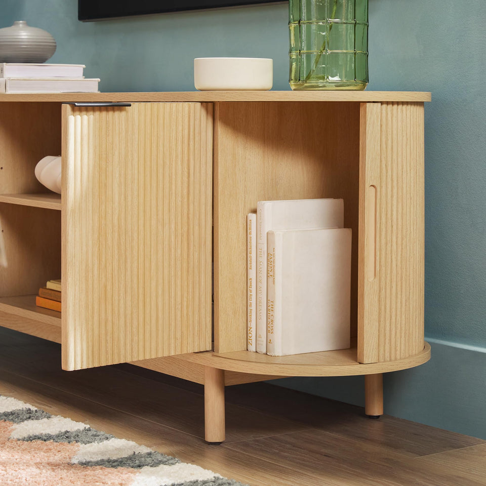 Walker Edison Chloe Curved Reeded TV Stand, Sliding Doors, 65 Inch, 60 inch, Mocha