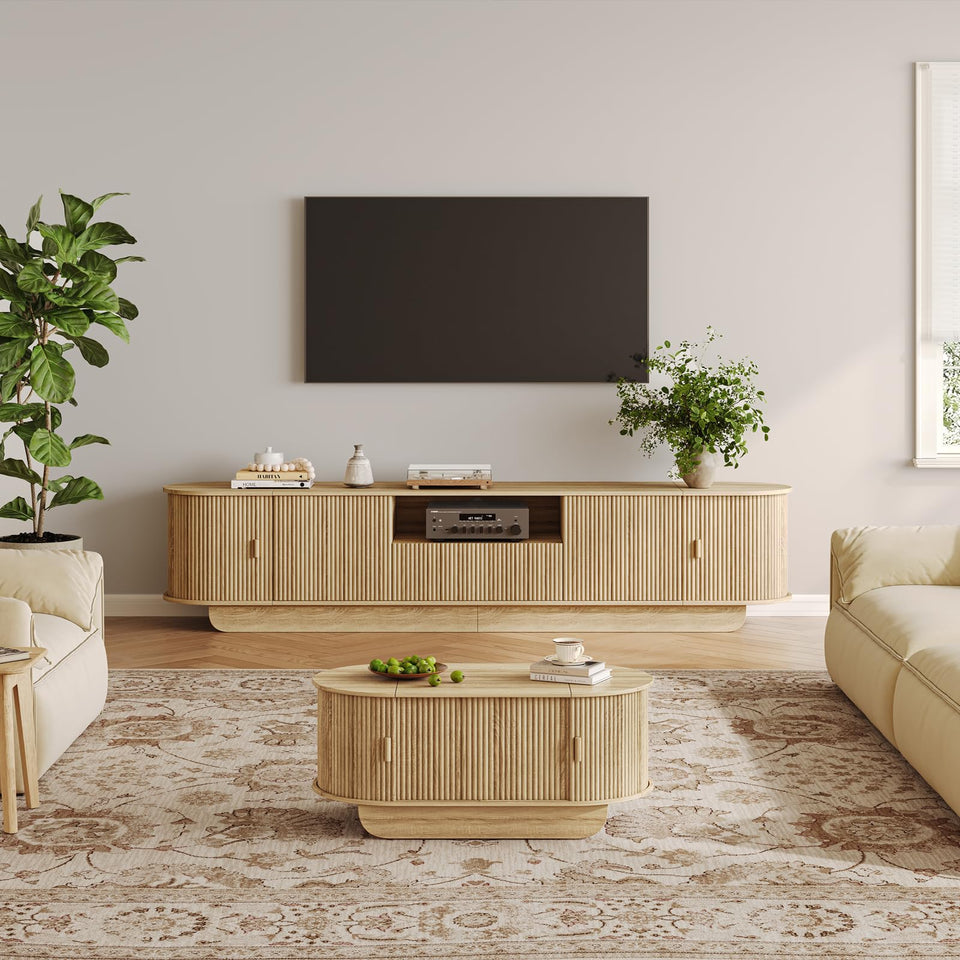 UKAOCAI 86.61'' Tambour TV Stand for 55-85 Inch, Modern Entertainment Center with Large Storage Cabinet & Open Shelves, TV Console with Sliding Doors for Living Room, Bedroom, Natural