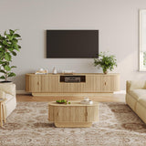 UKAOCAI 86.61'' Tambour TV Stand for 55-85 Inch, Modern Entertainment Center with Large Storage Cabinet & Open Shelves, TV Console with Sliding Doors for Living Room, Bedroom, Natural