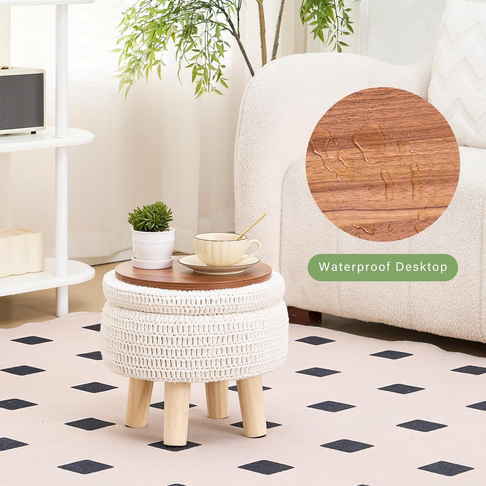 Wimarsbon Pouf Ottoman, 100% Cotton Knitted Boho Footstool, Round Footrest with Non-Skid Wood Legs, Home Décor Handmade Pouffe, Leisure Floor Step Stool for Living Room (Beige)