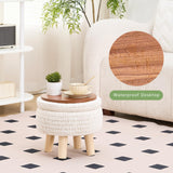 Wimarsbon Pouf Ottoman, 100% Cotton Knitted Boho Footstool, Round Footrest with Non-Skid Wood Legs, Home Décor Handmade Pouffe, Leisure Floor Step Stool for Living Room (Beige)