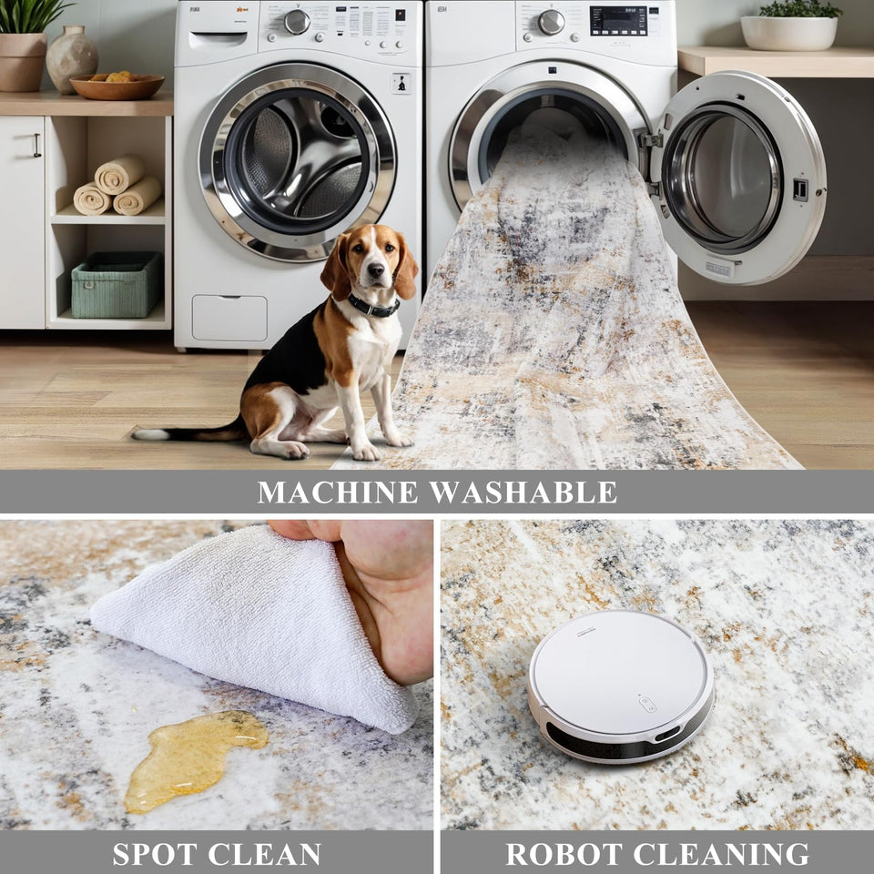 12x15 Area Rug for Living Room – Large Modern Neutral Abstract Thin Washable Carpet, Soft Low Pile Non-Slip Stain-Resistant for Bedroom Dining Room Home Office (Beige Grey)