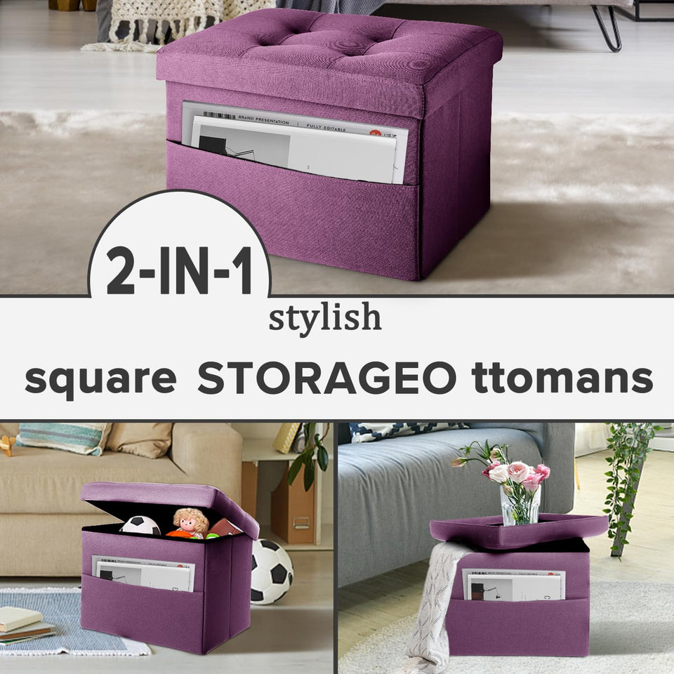 LINMAGCO Ottoman Storage Ottoman with Storage Small Foot Rest Stool Under Desk Stool Short Folding Footrest Linen Cloth Dark Gray 16X12X12IN