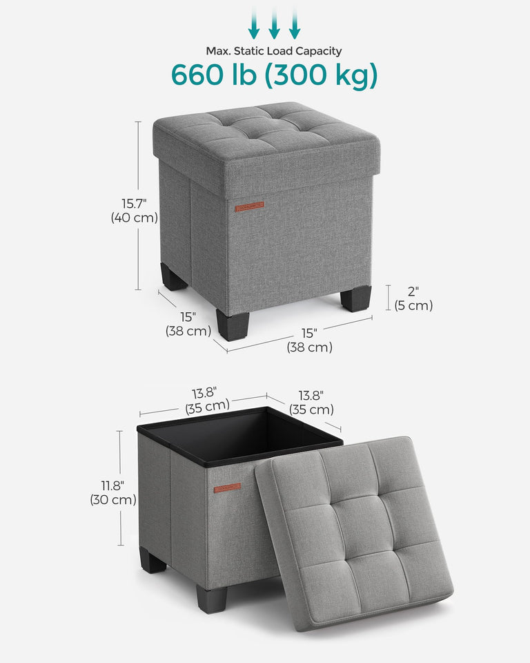 SONGMICS 15 Inches Cube Storage Ottoman, Bedroom Bench with Storage, Foot Stool with Feet, Holds Up to 660 lb, Dark Gray ULSF14GYZ