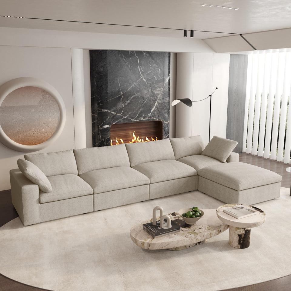 160.6" Cloud Couch Modular Sectional Sofa for Livingroom,Oversized Convertible Sofa with Storage Ottomans,6 Seat Wide Couches,Cushion Covers Removable (Khaki, 6 Seater)