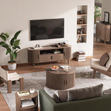 JOINICE, Round Coffee Table with Storage, Mid Century Modern Center Table with Sliding Cabinet Door, Fluted Dining Table for Living Room, Home Small Space, 31.5", Walnut