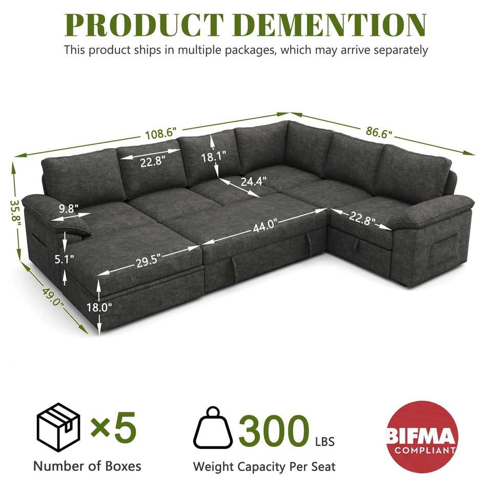 SUAWY 108 Inch Sectional Sleeper Sofa with Pull Out Bed,U Shaped 7 Seat Modular Sectional Sofa with Storage,Sectional Couches for Living Room,Cloud Modular Couch,Removable Sofa Cover,Dark Grey