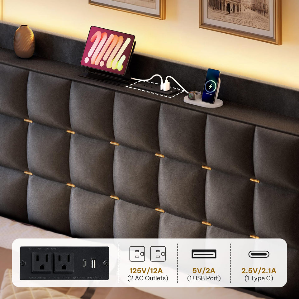 YITAHOME King Size Bed Frame with 3 Storage Drawers and RGB LED Lights, Velvet Upholstered Bed with Charging Station and Storage Headboard, No Box Spring Needed, Easy Assembly, Noise-Free, Grey