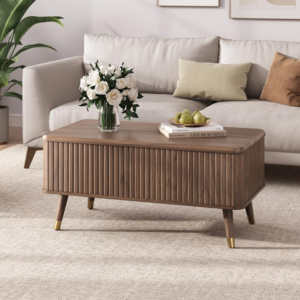 JOINICE, Round Coffee Table with Storage, Mid Century Modern Center Table with Sliding Cabinet Door, Fluted Dining Table for Living Room, Home Small Space, 31.5", Walnut