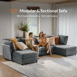 HULALA HOME 127'' Modular Sectional Sofa, Oversized U Shaped Couch with Storage Ottoman, Comfy Chenille Sofa with Deep Seat, 6 Seat Convertible Couches for Living Room, Beige