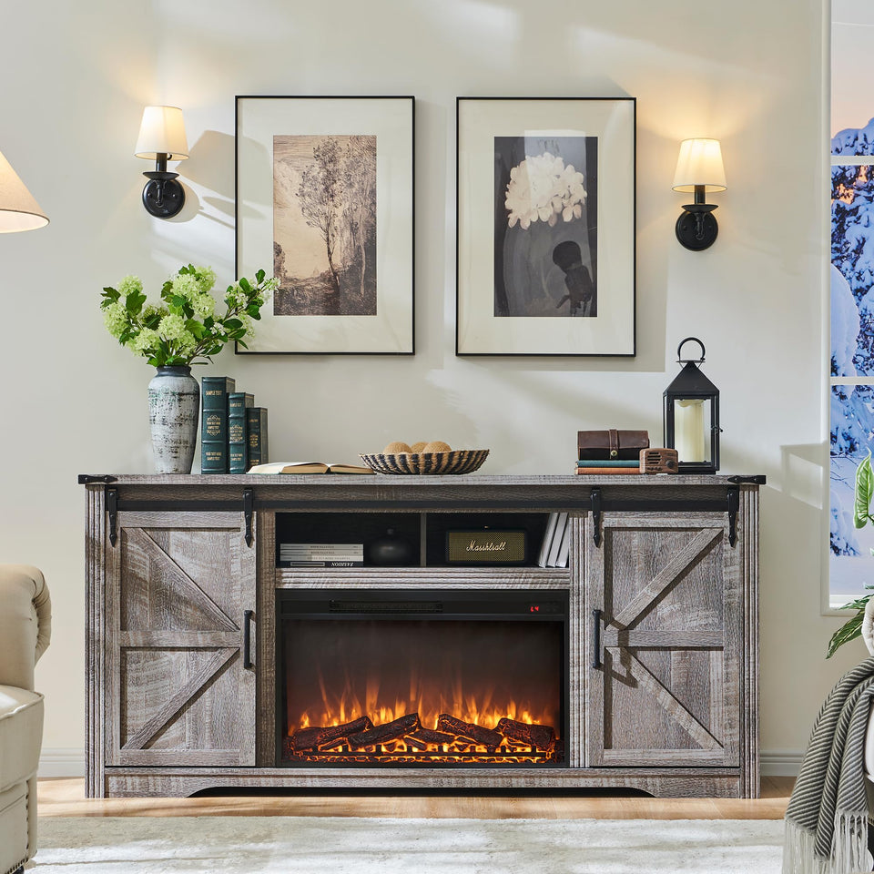 JXQTLINGMU Farmhouse TV Stand for 75+ Inch TV, 32" Tall Entertainment Center w/4 Drawers & Sliding Barn Door, Rustic Media Console w/Storage Shelves, 66" Wood Television Stand for Living Room, Brown