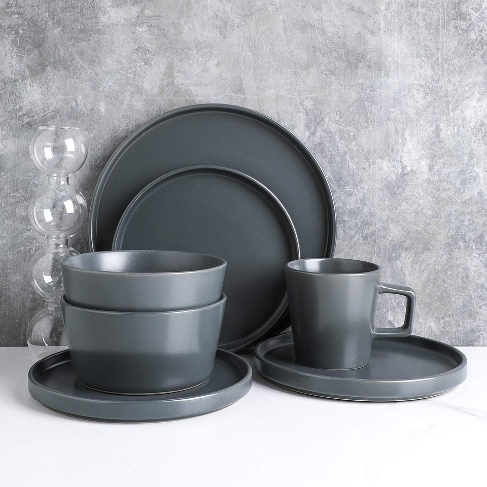 Stone Lain Celina Stoneware 32 Piece Dinnerware Set, Plates and Bowls, Black Matte Dish Collection, Service for 8 – Contemporary Minimalist Style, Microwave & Dishwasher Safe