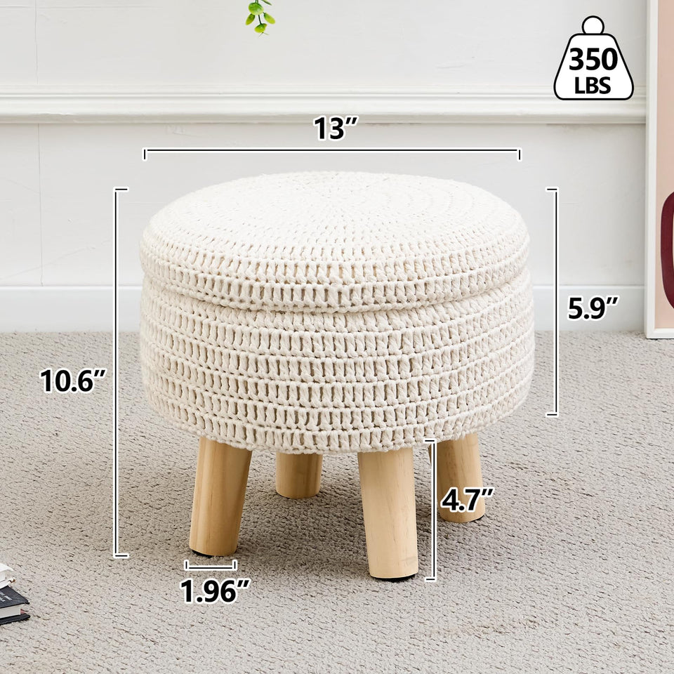 Wimarsbon Pouf Ottoman, 100% Cotton Knitted Boho Footstool, Round Footrest with Non-Skid Wood Legs, Home Décor Handmade Pouffe, Leisure Floor Step Stool for Living Room (Beige)
