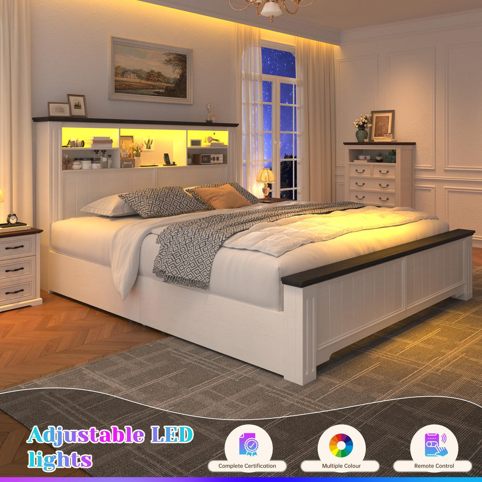 EnHomee King Size Bed Frame and Headboard & Storage, 4 Drawers and LED Built in Charging Station King Bed Frame with Storage Farmhouse,NO Noise,No Box Spring Needed,White