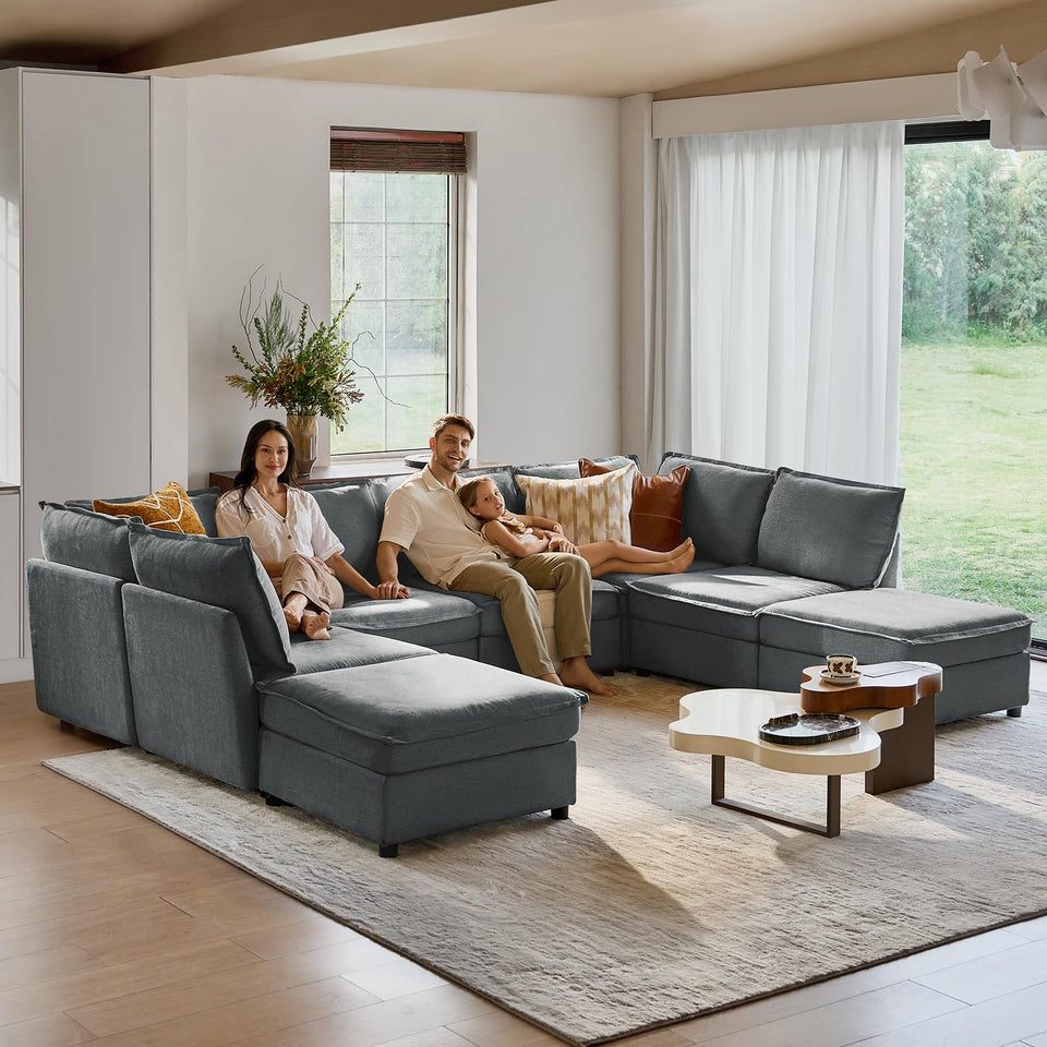 HULALA HOME 127'' Modular Sectional Sofa, Oversized U Shaped Couch with Storage Ottoman, Comfy Chenille Sofa with Deep Seat, 6 Seat Convertible Couches for Living Room, Beige