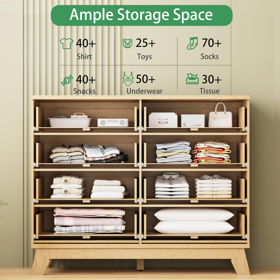 Fluted Dresser for Bedroom with 9 Drawers, 57" Wide Modern Chest of Drawers with Metal Handle, Wooden Dresser TV Stand, Wood Closet Clothes Storage Organizer for Living Room, Hallway, Natural Oak