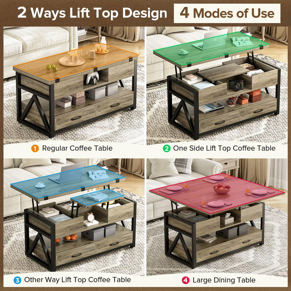 Memobarco 40" Lift Top Coffee Table,4 in 1 Multi-Function Lift Coffee Tables with Storage Drawers and Hidden Compartmen,Farmhouse Coffee Table with Lifting top for Living Room,Black