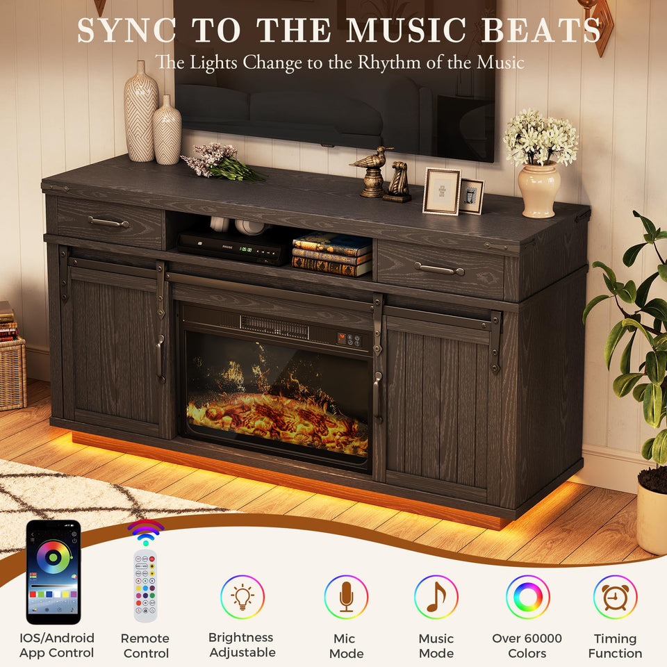 59'' Fireplace TV Stand with 3D Flame Electric Fireplace Heater, 34'' Tall Farmhouse TV Stand for 65 Inch TV, Entertainment Center TV Console with 2 Drawers, Sliding Barn Door for Living Room - White