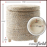 Casafield 17" Round Storage Ottoman with Lid - Natural, Handwoven Water Hyacinth Footstool for Living Room, Bedroom, Bathroom, Home Office