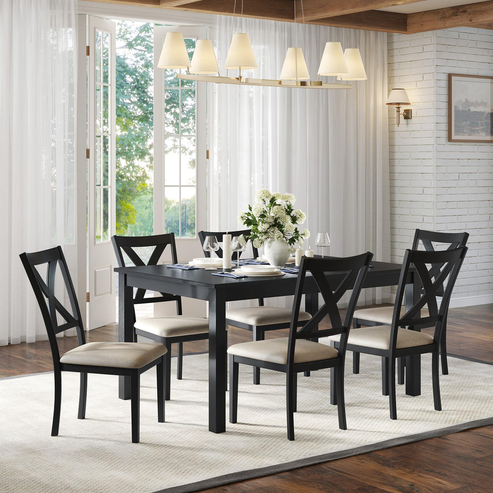 AMERLIFE 7-Piece Farmhouse Solid Wood Dining Table Set with 6 Upholstered Chairs, 60" Space Saving Dinner Table & Chairs Set, for Dining Room, Kitchen, Restaurant, Brown & White