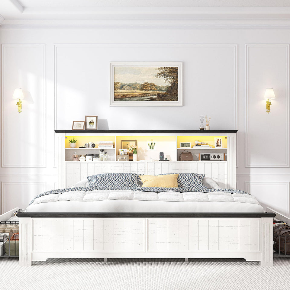 EnHomee King Size Bed Frame and Headboard & Storage, 4 Drawers and LED Built in Charging Station King Bed Frame with Storage Farmhouse,NO Noise,No Box Spring Needed,White
