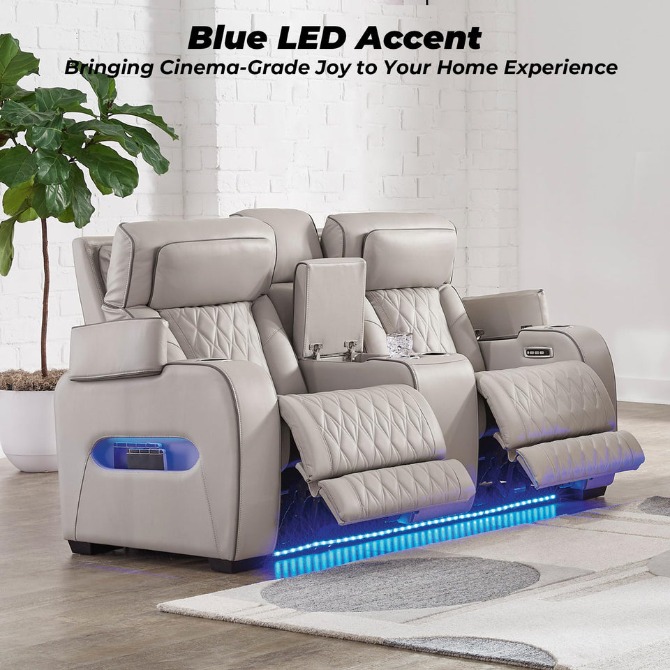 Signature Design by Ashley Boyington Contemporary Leather Match Power Reclining Sofa with USB Charging Ports, LED Lights and Adjustable Headrest, Light Gray