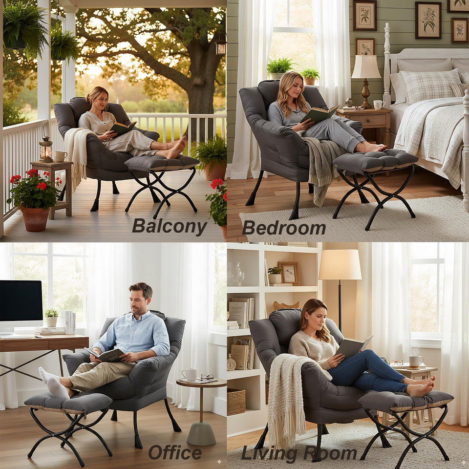 LITA Lazy Chair with Ottoman, Modern Accent Leisure Upholstered Lazy Sofa Armchair, Contemporary Lounge Reading Chair with Armrests and a Side Pocket for Living Room, Bedroom & Small Space, Dark Grey