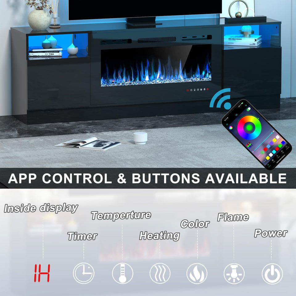 OUTGUAVA Fireplace TV Stand for 80 Inch TV, TV Stand with 36" Fireplace, LED Light Entertainment Center with Storage Cabinets, Media TV Console TV Table for Living Room, Black