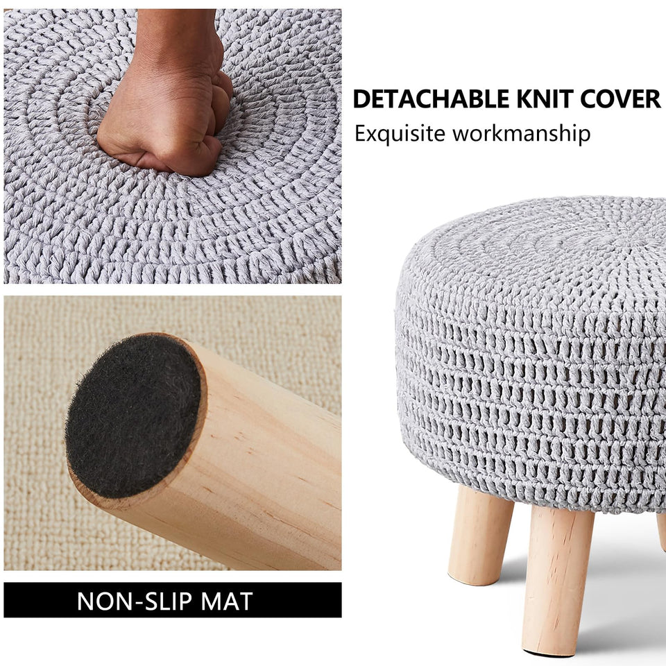 Wimarsbon Pouf Ottoman, 100% Cotton Knitted Boho Footstool, Round Footrest with Non-Skid Wood Legs, Home Décor Handmade Pouffe, Leisure Floor Step Stool for Living Room (Beige)