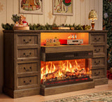 Huuger Fireplace TV Stand with LED Lights for 75 Inch TV, 3-Side Glass Fireplace Entertainment Center, 70 Inch Farmhouse Television Stands Stand with 4 Deep Drawers for Living Room, Brown