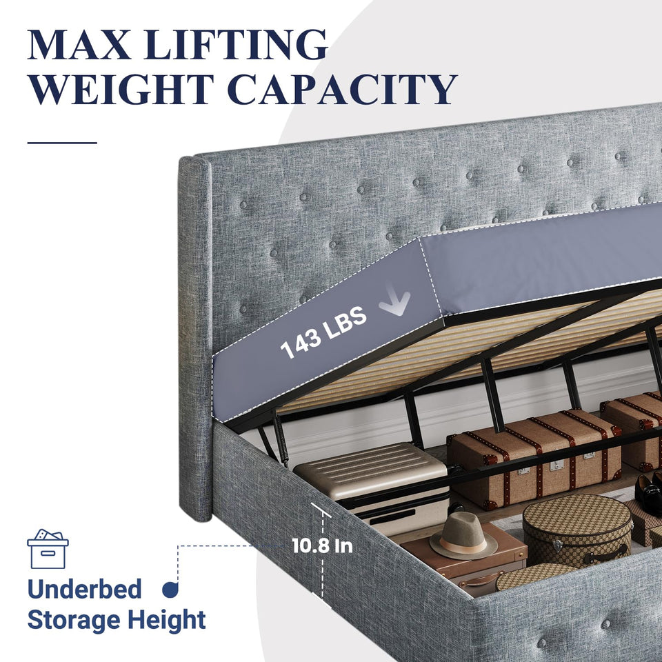 Allewie King Size Lift Up Storage Bed, Modern Wingback Headboard, Hydraulic Support, No Box Spring Needed, Light Beige