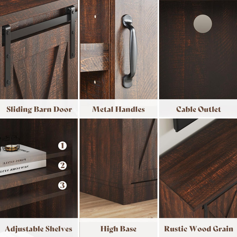 AMERLIFE Fireplace TV Stand with Sliding Barn Door for TVs up to 73", Farmhouse 63" Fireplace Entertainment Center with Storage Cabinets/Adjustable Shelves, Distressed White & Barnwood