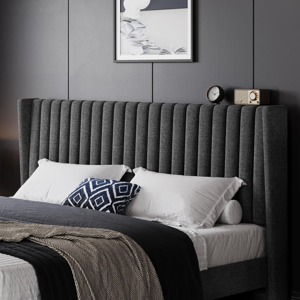 Yaheetech King Bed Frame Upholstered Platform Bed with Fabric Headboard, Wing Edge Design/Non-Slip and Noise-Free/Wooden Slats Support/No Box Spring Needed/Easy Assembly, Ivory King Bed