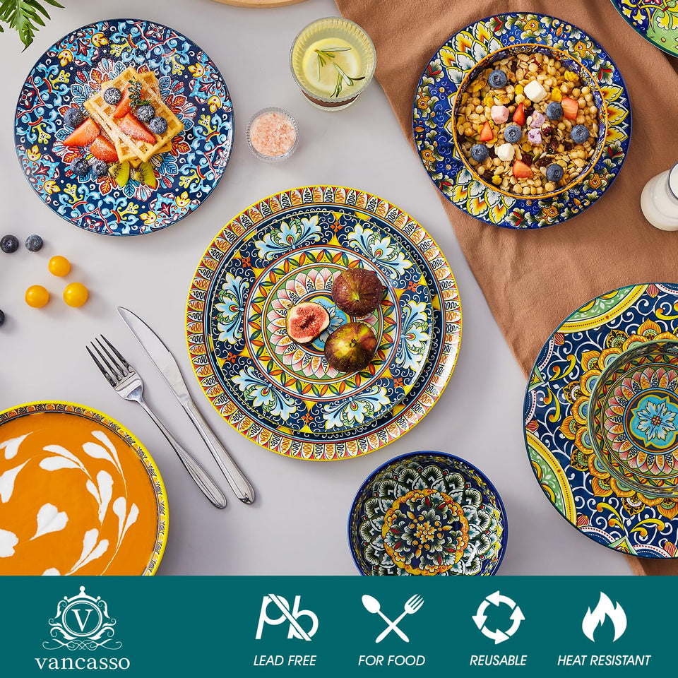 vancasso 24 Pieces Dinnerware Sets, Plates and Bowls Set, Porcelain Dishes Set for 6, Microwave and Dishwasher Safe, Scratch Resistant, Bohemian Style Dining Ware Service for 6, Series SIMI