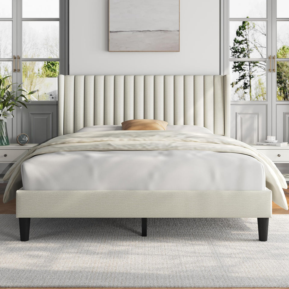 Yaheetech King Bed Frame Upholstered Platform Bed with Fabric Headboard, Wing Edge Design/Non-Slip and Noise-Free/Wooden Slats Support/No Box Spring Needed/Easy Assembly, Ivory King Bed