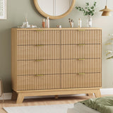 Fluted Dresser for Bedroom with 9 Drawers, 57" Wide Modern Chest of Drawers with Metal Handle, Wooden Dresser TV Stand, Wood Closet Clothes Storage Organizer for Living Room, Hallway, Natural Oak