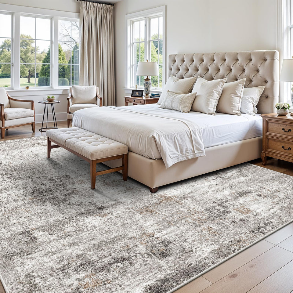 12x15 Area Rug for Living Room – Large Modern Neutral Abstract Thin Washable Carpet, Soft Low Pile Non-Slip Stain-Resistant for Bedroom Dining Room Home Office (Beige Grey)
