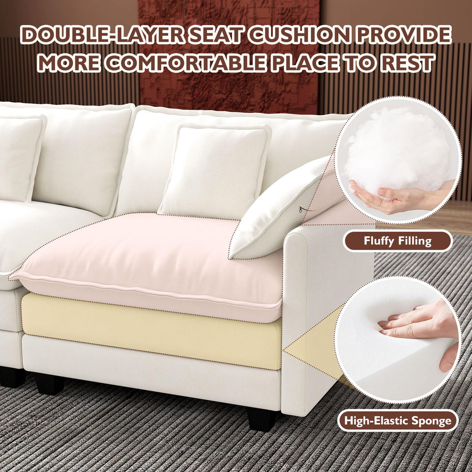 Ihanherry 146" U-Shaped Modern Sofa Modular Sectional Cloud Couch with 2 Ottoman, 6-Seat Chenille Deep Seat Sofa with 6 Pillows for Living Room, Bedroom and Apartment, Grey