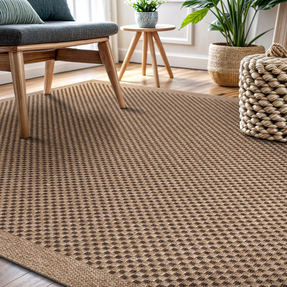 CAMILSON Easy Jute Rug 10x14, Indoor Outdoor Natural Color Fiber Area Rugs for Living Room Patio and Kitchen Rug Herringbone Woven Design Easy-Cleaning Washable Outside Carpet Alfombras 10 x 14