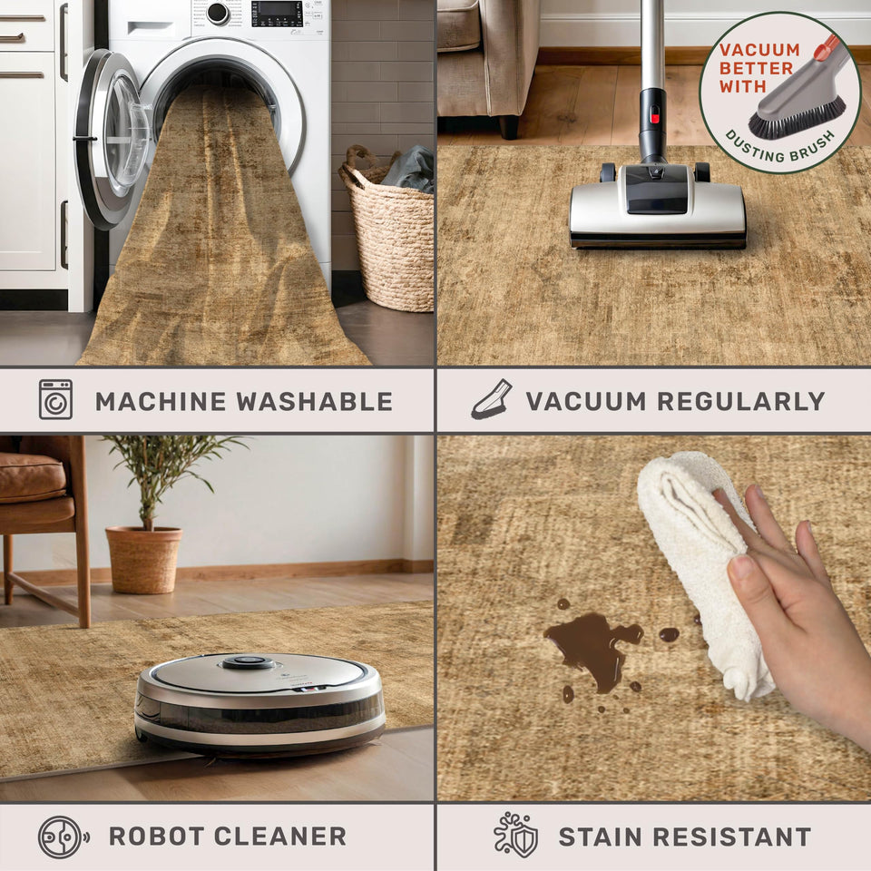 Neutral Living Room Rug - 10x14 Farmhouse Beige Brown Large Area Rug for Dining Room, Bedroom, Low Pile Lightweight Washable