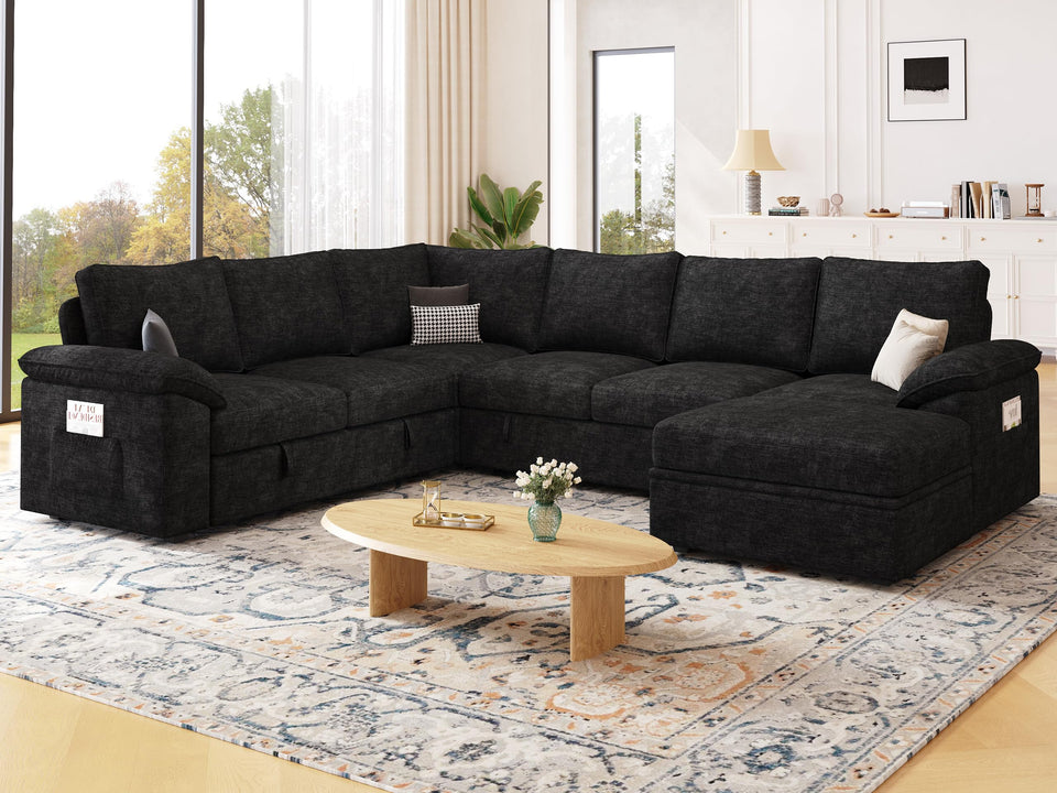 SUAWY 108 Inch Sectional Sleeper Sofa with Pull Out Bed,U Shaped 7 Seat Modular Sectional Sofa with Storage,Sectional Couches for Living Room,Cloud Modular Couch,Removable Sofa Cover,Dark Grey