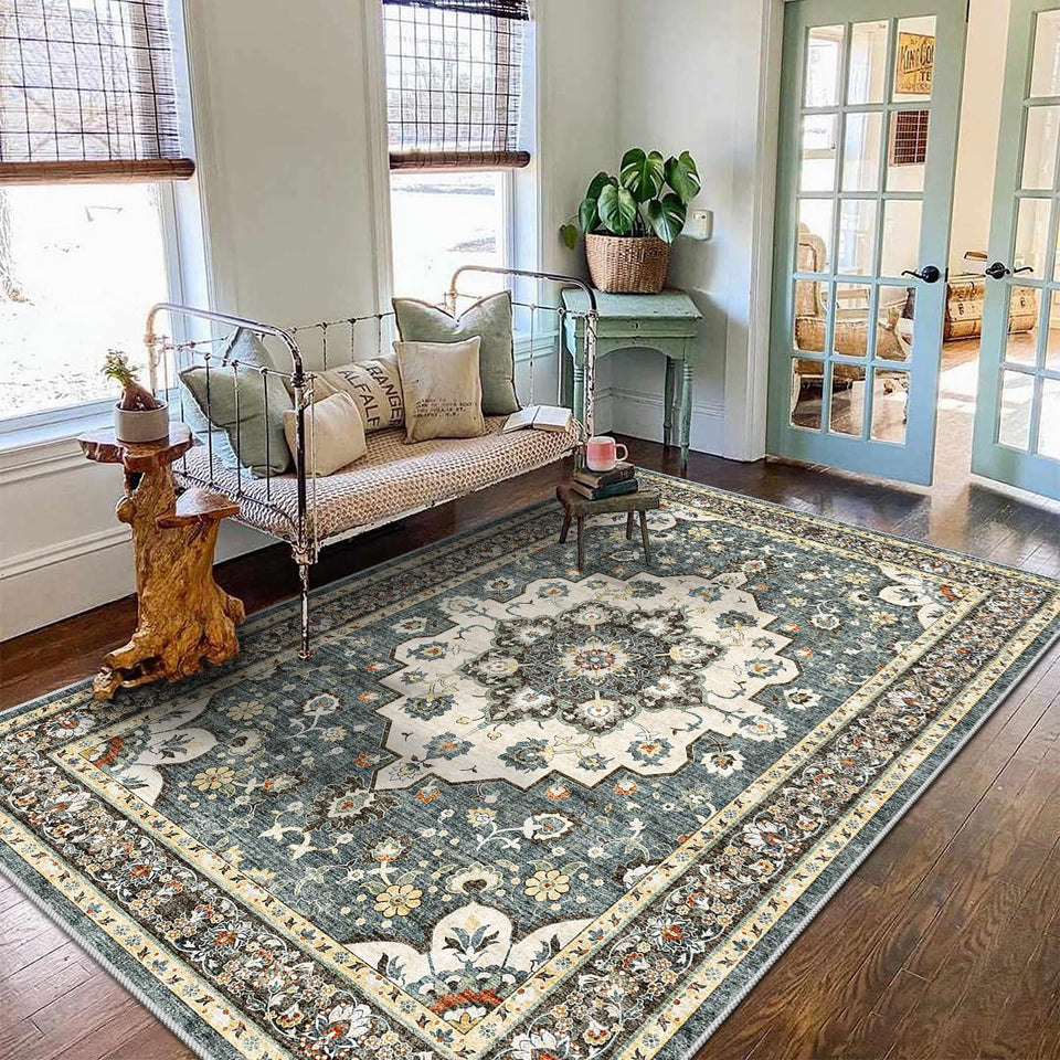 TOPRUUG Washable Oriental Area Rug - 12x15 Rugs for Living Room Soft Carpet for Bedroom Waterproof Floral Distressed Indoor Stain Resistant Non-Shedding Floor Carpets (Green, 12x15)