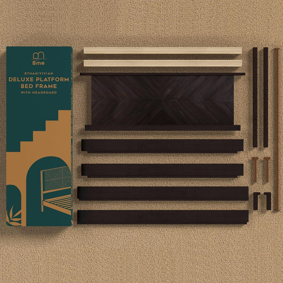 Bme Vivian 14 Inch Deluxe Bed Frame with Headboard, Rustic & Scandinavian Style with Solid Acacia Wood, No Box Spring Needed, 12 Strong Wood Slat Support, Easy Assembly, King, Rustic Golden Brown